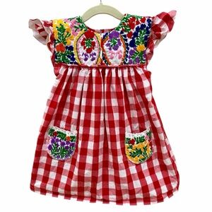 MI GOLONDRINA Girls' Hand-embroidered floral Gingham Dress 100% cotton Mexico